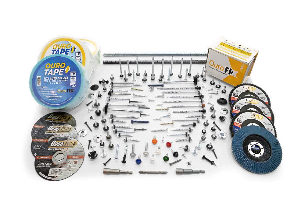 Foto dos produtos do catálogo da Ourofix parafusos autoperfurantes. Na foto há diversos parafusos para drywall e construção metálica, abrasivos, barras roscadas, fitas teladas e acessórios como soquetes magnéticos para parafusadeiras.